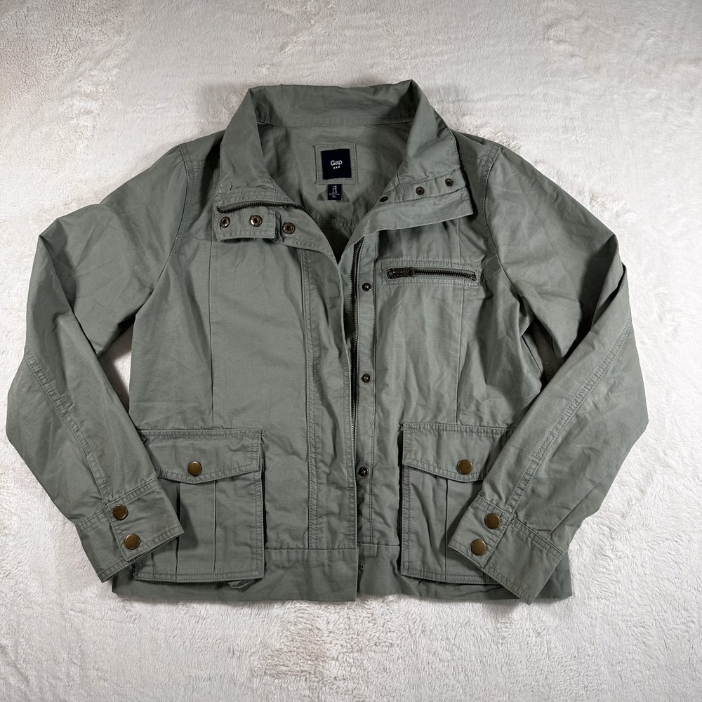 Gap Womens Military Jacket Olive Green Full Zip Snap Button Pockets Collared M